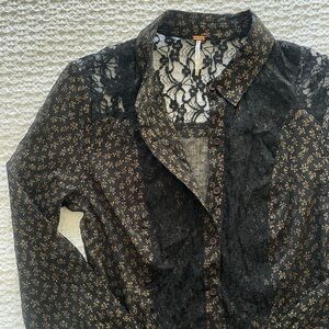 Free people women’s button up shirt black floral lace long sleeve sheer S